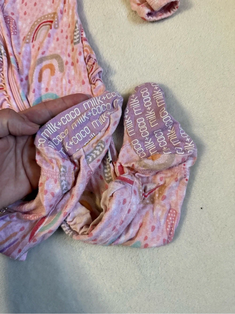 Milk + Coco bamboo footed sleeper in the Rainbow print, 9–12 month